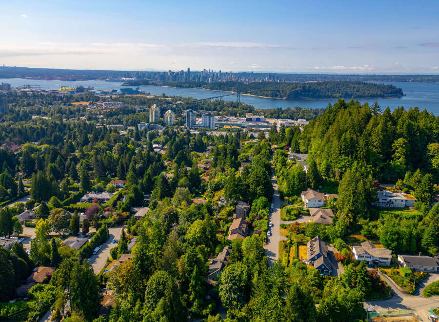 Discover this stunning aerial view of a lush, green neighborhood nestled against a backdrop of a vibrant cityscape and sparkling blue water.