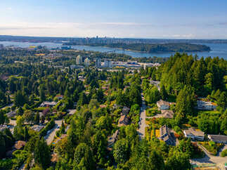 Discover this stunning aerial view of a lush, green neighborhood nestled against a backdrop of a vibrant cityscape and sparkling blue water.
