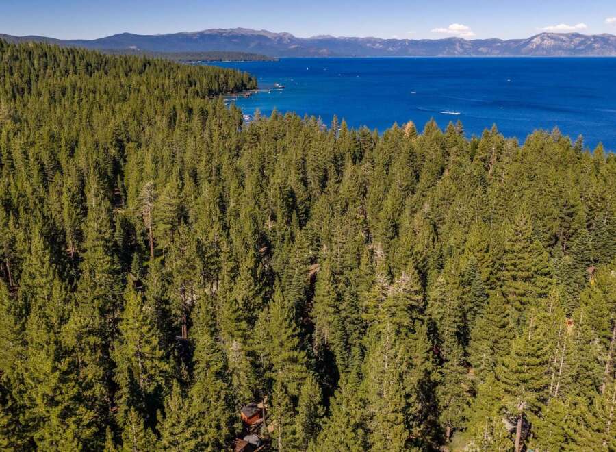 Experience the ultimate mountain getaway with this stunning aerial view of a secluded property nestled within a dense pine forest.