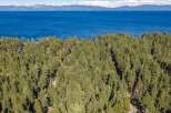 Discover this stunning property nestled amidst a lush pine forest, offering breathtaking views of a vast, blue lake and distant mountains.