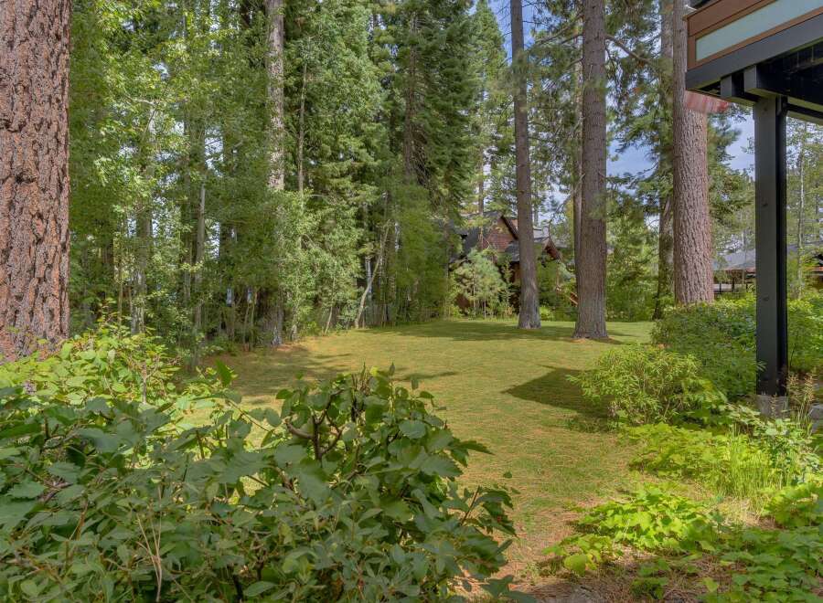 Nestled amidst a lush forest, this property offers a serene backyard oasis with a sprawling green lawn perfect for outdoor activities.