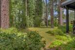 Nestled amidst a lush forest, this property offers a serene backyard oasis with a sprawling green lawn perfect for outdoor activities.