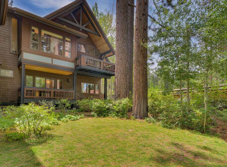 Nestled amidst towering trees, this stunning multi-level home offers a serene retreat with its natural wood siding and expansive windows.