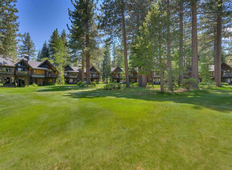 Nestled amidst towering pine trees, this stunning property offers a serene retreat with its multi-level architecture and expansive green lawns.