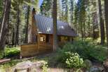 Nestled amidst towering trees, this charming log cabin offers a serene retreat.