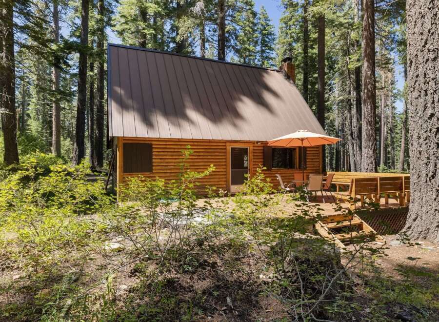 Escape to this charming log cabin nestled in a serene forest setting.