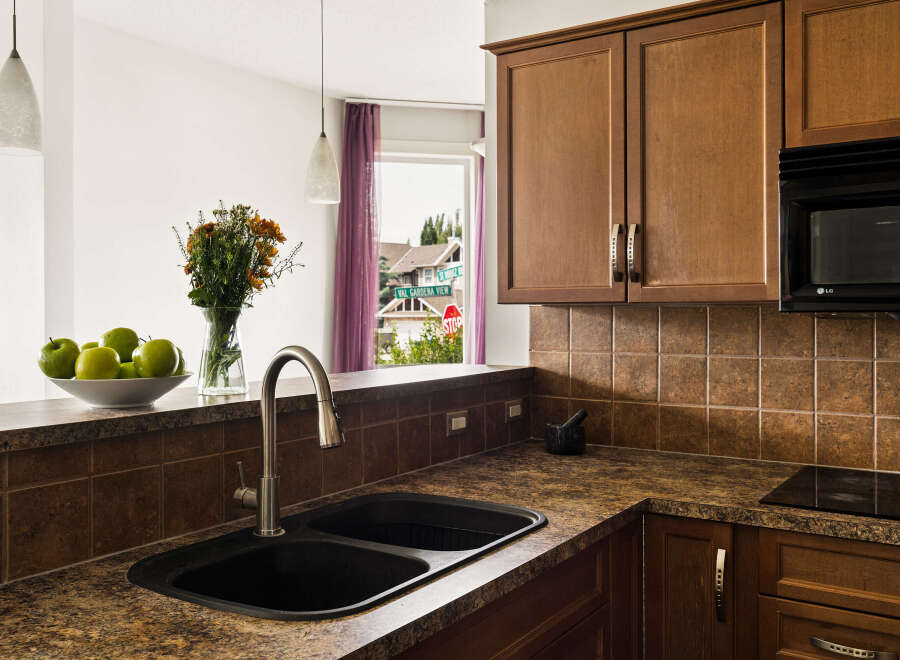 This kitchen features a double sink with a modern faucet, complemented by rich wooden cabinetry and a granite-look countertop.