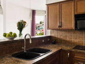 This kitchen features a double sink with a modern faucet, complemented by rich wooden cabinetry and a granite-look countertop.