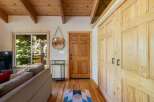 Step into this charming cabin featuring a warm and inviting living space with a cozy sofa and a large window offering picturesque views of the surrounding trees.