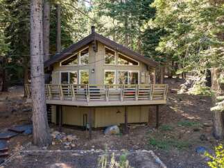 Nestled among tall pine trees, this charming cabin offers a serene mountain retreat.