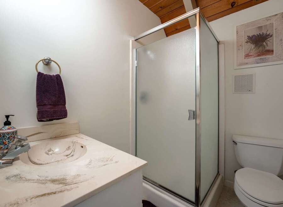 This charming bathroom features a modern frosted glass shower stall, a stylish vanity with a marble-patterned countertop and a vessel sink, and a clean white toilet.