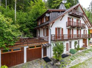 Nestled amidst lush greenery, this charming multi-story home offers a serene mountain retreat.