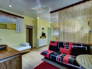 Discover this charming studio apartment featuring a comfortable sofa bed and a twin bed, perfect for accommodating guests.