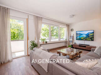 This spacious living room features a large sectional sofa, a modern coffee table with glass top, and a wall-mounted TV displaying a scenic landscape.