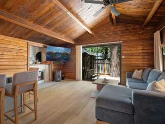 Experience rustic charm in this cozy cabin living room, featuring a vaulted wood-paneled ceiling and a large stone fireplace.