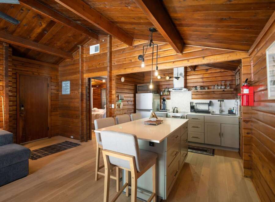 Experience rustic charm in this cozy cabin kitchen, featuring warm wood paneling and a vaulted ceiling.