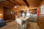 Experience rustic charm in this cozy cabin kitchen, featuring warm wood paneling and a vaulted ceiling.