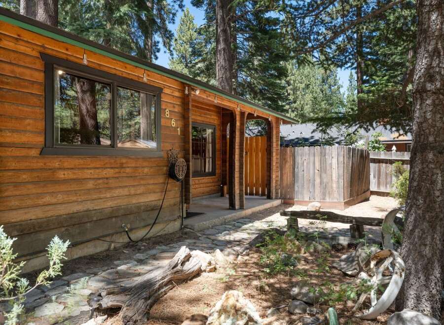 Charming wooden cabin nestled amongst tall trees, offering a serene and rustic retreat.