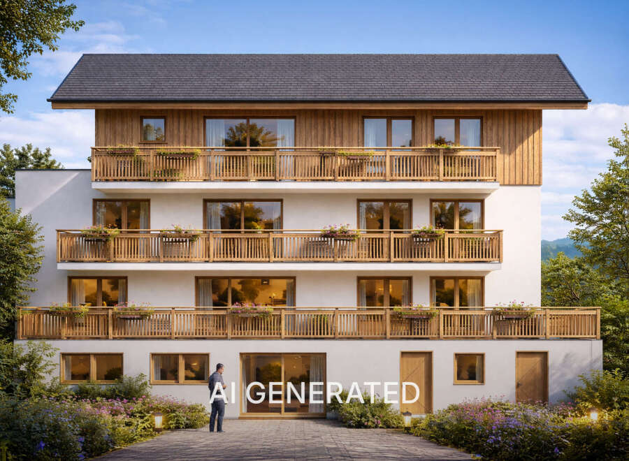 Experience modern living in this stunning multi-story building featuring expansive wooden balconies with charming flower boxes, perfect for enjoying the fresh air.