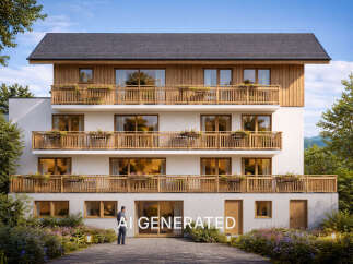 Experience modern living in this stunning multi-story building featuring expansive wooden balconies with charming flower boxes, perfect for enjoying the fresh air.