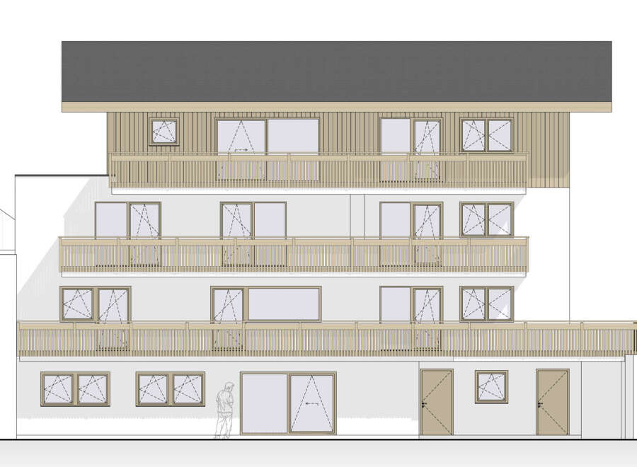 This architectural drawing showcases a modern multi-story building with a prominent dark roof and extensive wooden balconies on each level.