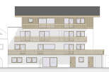 This architectural drawing showcases a modern multi-story building with a prominent dark roof and extensive wooden balconies on each level.