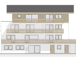 This architectural drawing showcases a modern multi-story building with a prominent dark roof and extensive wooden balconies on each level.
