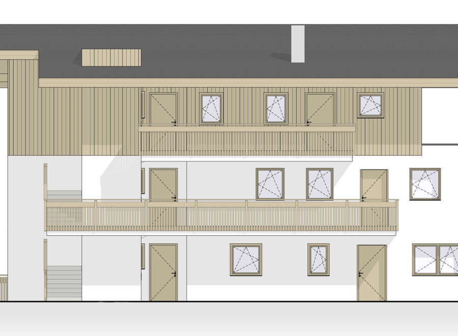 Discover this charming multi-story building featuring a modern facade with warm wooden accents and a dark, sloped roof.