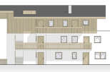 Discover this charming multi-story building featuring a modern facade with warm wooden accents and a dark, sloped roof.