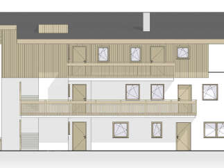 Discover this charming multi-story building featuring a modern facade with warm wooden accents and a dark, sloped roof.