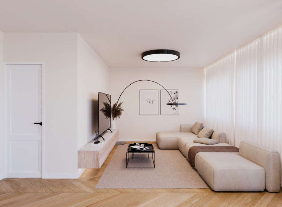 Experience modern living in this beautifully designed living room, featuring a spacious sectional sofa perfect for relaxation and entertaining.