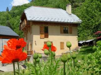 Charming alpine home nestled amidst lush greenery and vibrant poppies.