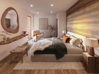 Experience rustic luxury in this serene bedroom, featuring a stunning live-edge wood shelf and mirror.