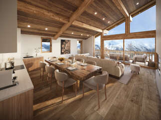 Experience luxurious mountain living in this stunning chalet, featuring a spacious open-plan living, dining, and kitchen area with breathtaking panoramic views of snow-capped peaks.
