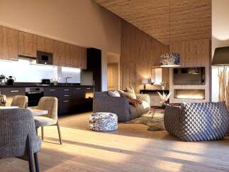 Experience modern mountain living in this stunning open-concept space, featuring a sleek kitchen with integrated appliances and ample cabinetry.
