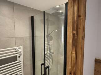 Experience modern luxury in this bathroom featuring a sleek shower enclosure with a rainfall showerhead and a handheld wand.