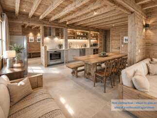 Experience rustic charm in this beautifully renovated apartment, featuring a spacious open-plan living, dining, and kitchen area.