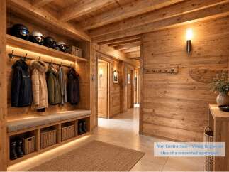 Experience rustic charm in this mountain-inspired apartment entryway, featuring a cozy wooden bench with built-in storage for boots and baskets.