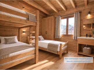 Experience cozy living in this charming wooden cabin bedroom, featuring a space-saving bunk bed and a separate single bed, perfect for families or guests.