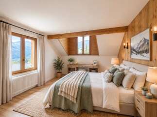 Experience rustic charm in this mountain-view bedroom, featuring a cozy bed adorned with plush pillows and warm throws.