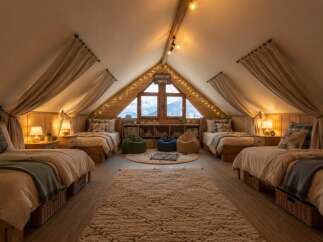 Experience the ultimate cozy retreat in this charming attic bedroom, perfect for family adventures.