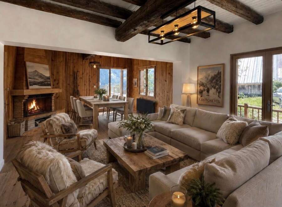 Experience rustic luxury in this stunning mountain lodge living room, featuring a grand stone fireplace and exposed wooden beams.