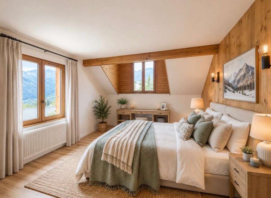 Experience rustic charm in this mountain-view bedroom, featuring a cozy bed adorned with plush pillows and warm throws.