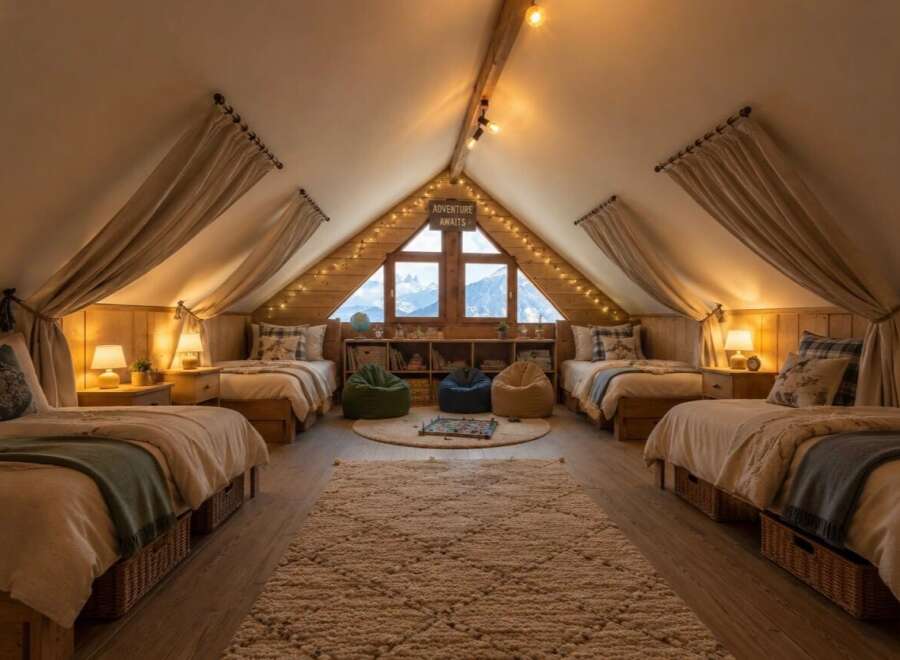 Experience the ultimate cozy retreat in this charming attic bedroom, perfect for family adventures.