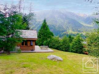 Experience serene mountain living in this charming wooden cabin, nestled amidst lush greenery with breathtaking views of the Alps.