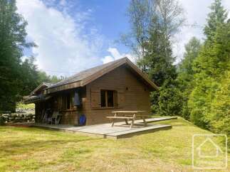 Nestled amidst lush greenery, this charming wooden cabin offers a serene retreat.