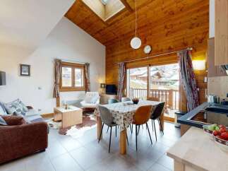 Experience cozy mountain living in this charming apartment, featuring a vaulted wood-paneled ceiling and a skylight that floods the space with natural light.