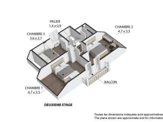 Discover this charming second-floor apartment featuring three spacious bedrooms, including a master suite (Chambre 1) measuring 4.
