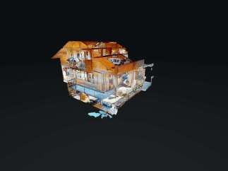 Explore this stunning 3D model of a charming wooden house, showcasing its intricate architectural details and inviting interior spaces.
