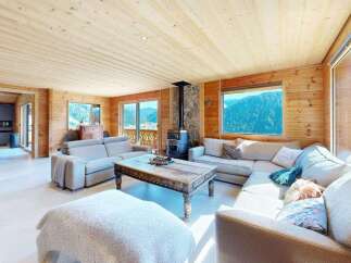 Experience breathtaking mountain views from this stunning living room, featuring a cozy wood-burning stove and ample natural light.